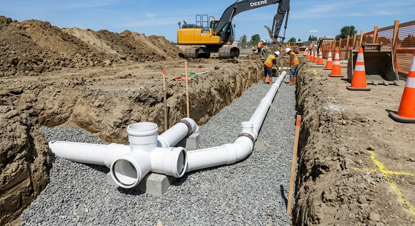 New PVC sewer pipe installation in open trench for Commercial Drain Cleaning in North Adams